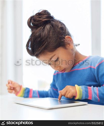 education, technology and internet concept - little girl with tablet pc