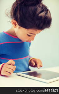 education, technology and internet concept - little girl with tablet pc