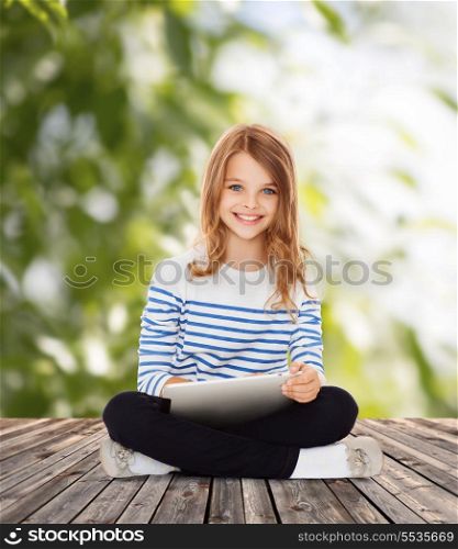 education, technology and internet concept - little student girl with tablet pc