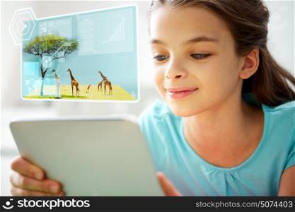 education, technology and people concept - close up of smiling girl with tablet pc computer and wild animals on virtual screen at home. close up of smiling girl with tablet pc at home