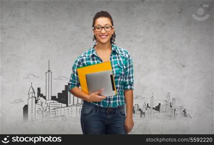 education, technology and people concept - smile female african american student in eyeglasses with folders and tablet pc