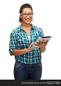 education, technology and people concept - smiling female african american student in eyeglasses with tablet pc