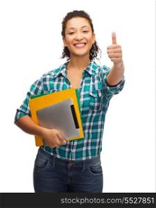 education, technology and people concept - smiling female african american student with folders and tablet pc showing thumbs up