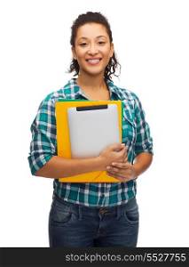 education, technology and people concept - smiling female african american student with folders and tablet pc