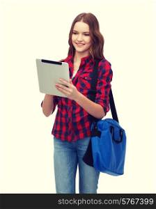 education, technology and people concept - smiling female student with tablet pc and bag