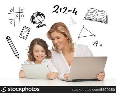 education, technology, internet and parenting concept - girl and mother with tablet and laptop