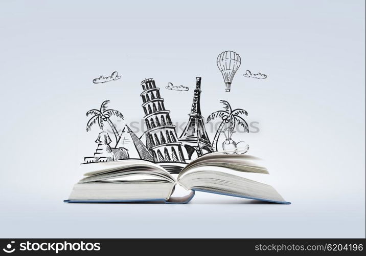 education, travel , fiction and literature concept - open book with landmarks drawing