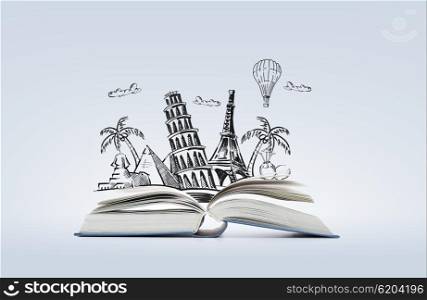 education, travel , fiction and literature concept - open book with landmarks drawing
