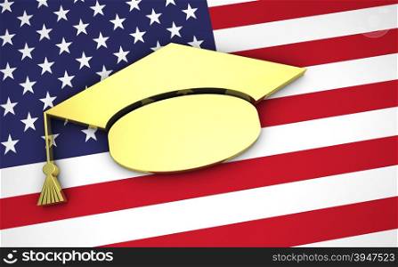 Education, university and school system in The United States of America concept with US flag and graduation hat symbol.
