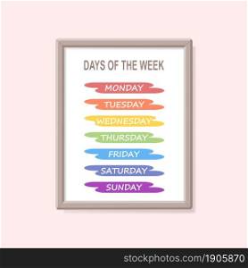Educational poster of names of days of week on rainbow colors background. Cartoon flat style. Vector illustration