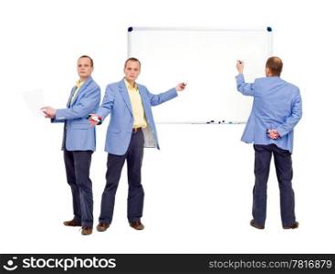 Educational theme of three persons trying to explain something. The whiteboard is blank, and free for you to use for your own message