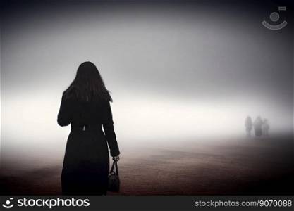 Eerie abstract representation of the back view of a woman with long hair striding through a foggy world toward a blurred group of people, made with generative AI
