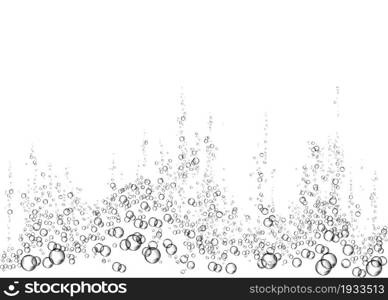 Effervescent drink. Underwater black fizzing air bubbles on white background. Fizzy sparkles in water, sea, aquarium, ocean. Fizz. Undersea vector texture.