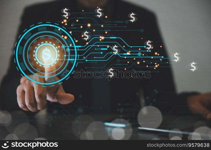 Efficient and secure payment method for onli≠shopπng. Woman comp≤tes transaction with credit card app through laptop computer. Digital mo≠y transfer