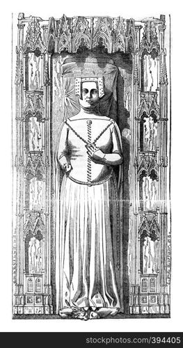 Effigy of Queen Philippa, placed on his tomb in the cathedral of Gloucester, vintage engraved illustration. Colorful History of England, 1837.