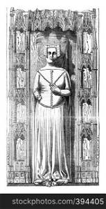 Effigy of Queen Philippa, placed on his tomb in the cathedral of Gloucester, vintage engraved illustration. Colorful History of England, 1837.