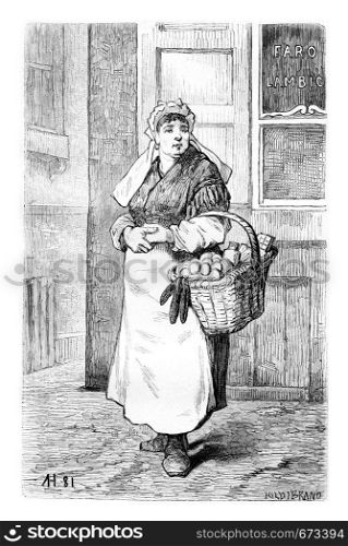 Egg Merchants in Brussels, Belgium, drawing by Hubert, vintage illustration. Le Tour du Monde, Travel Journal, 1881