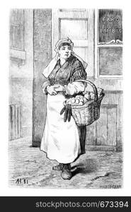 Egg Merchants in Brussels, Belgium, drawing by Hubert, vintage illustration. Le Tour du Monde, Travel Journal, 1881