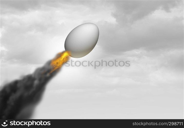 Egg power as a super food or superfood ingredient as a source of healthy protein nutrient with an eggshell flying like a rocket as a high energy snack as a 3D illustration.