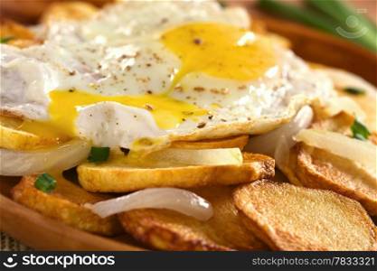 Egg yolk of fried egg running down on crispy fried potato slices with fried onion and scallion (Selective Focus, Focus on the front of the running down egg yolk)