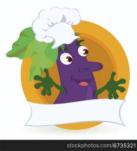 Eggplant cartoon character with promo ribbon vector illustration