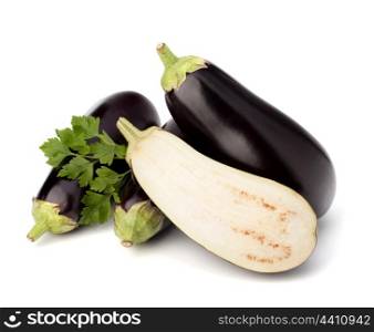 eggplant or aubergine and parsley leaf on white background