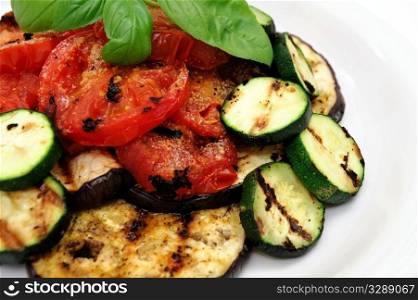 Eggplant, zuchinni squash and tomatoes topped with fresh basil served on a white plate. Grilled Eggplant And Veggies