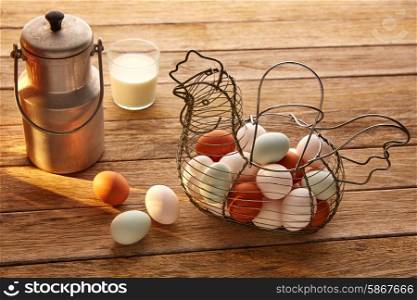 Eggs and milk in a vintage hen shape basket on wood with blue easter white and brown