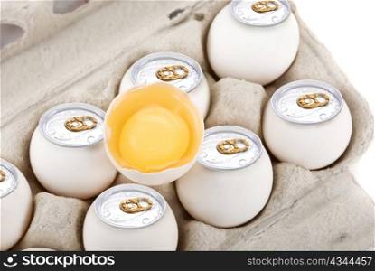 Eggs as aluminum can at the box isolated on a white background