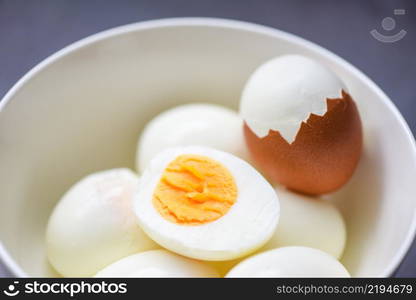 Eggs breakfast, fresh peeled eggs menu food boiled eggs in a bowl and eggshell, cut in half egg yolks for cooking healthy eating