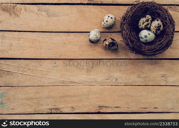 Eggs easter and nest on wooden table and background with copy space