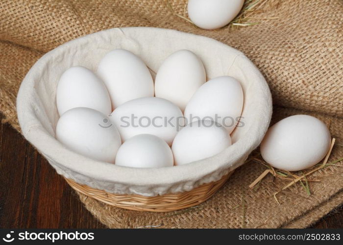 Eggs in a bowl on wooden table