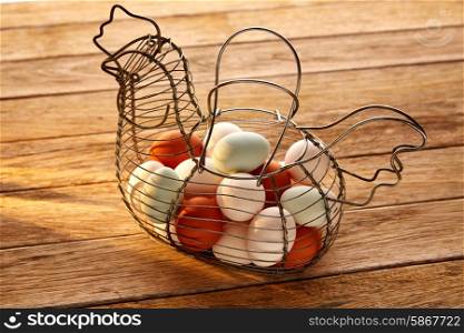 Eggs in a vintage hen shape basket on wood with blue easter white and brown colors