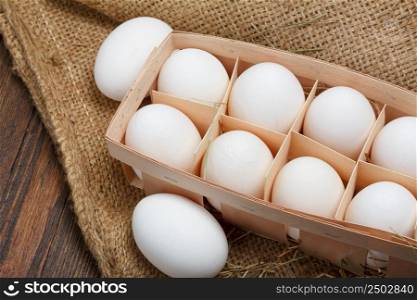 Eggs in a wooden box on burlap cloth