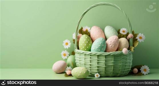 eggs in basket isolated on green background with copy space for easter spring holiday