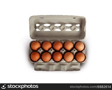 Eggs in cardboard rack on white background, mock up, copy space