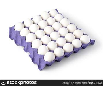 Eggs in paper tray isolated on white with clipping path