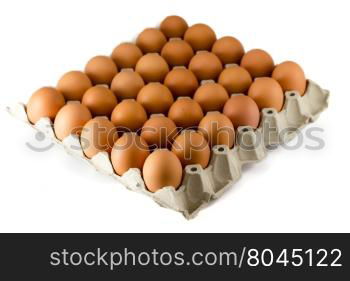 Eggs in paper tray on white background