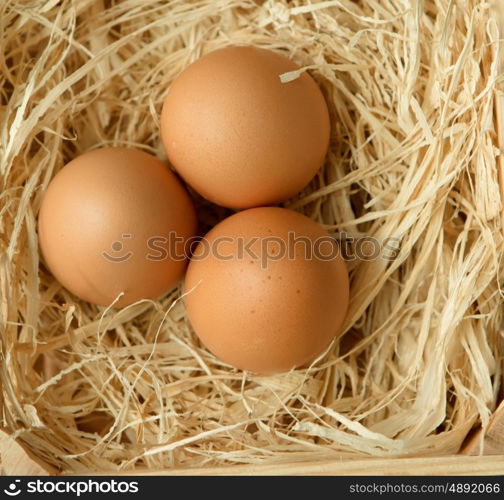 Eggs on straw placed on a wooden table