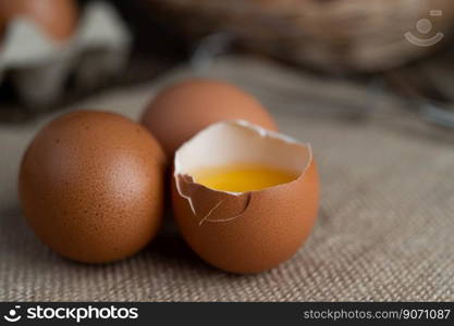 Eggs on the floor of hemp sacks. Selective focus.