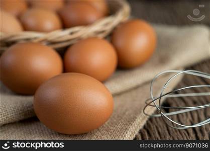 Eggs on the sacks, hemp on the wooden and straw. Selective focus
