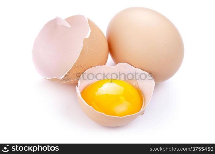 Eggs on white background. Egg yolk and eggshell