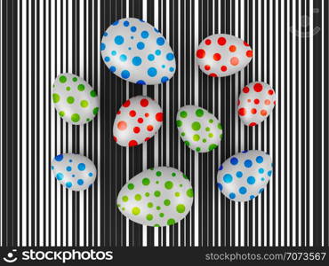 Eggs with colored circles on a background of black stripes. 3d render