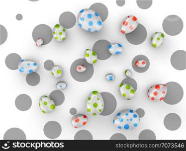 Eggs with colored dots on a background of black circles. 3d render