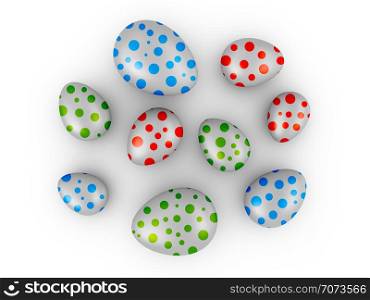 Eggs with colored dots on a white background. 3d render