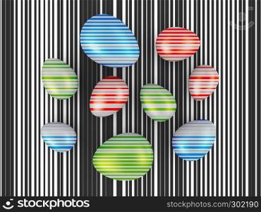 Eggs with colored stripes on a background of black stripes. 3d render