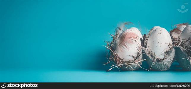 Eggs with feathers in carton box package on blue background, front view, banner. Easter concept