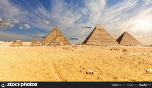 Egypt, famous Pyramids of Giza, desert view.
