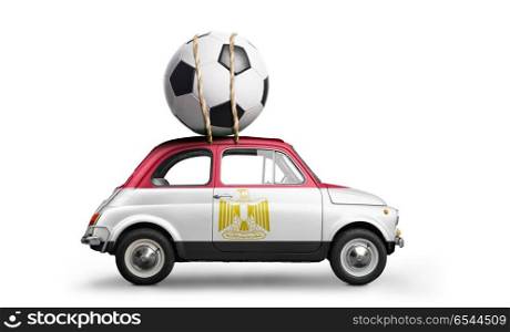Egypt football car. Egypt flag on car delivering soccer or football ball isolated on white background