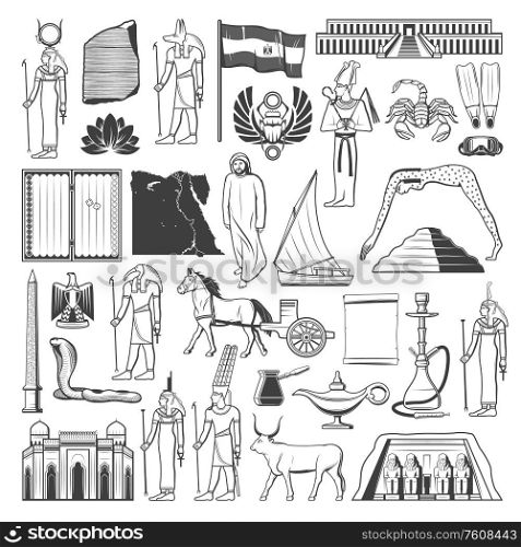 Egypt sketches with ancient Egyptian travel landmarks and tourism vector design. Pharaoh pyramid, Sphinx and Cairo temples, gods, Egyptian flag, map and heraldic eagle, scarab and parchment scroll. Ancient Egypt travel landmark, map, flag sketches